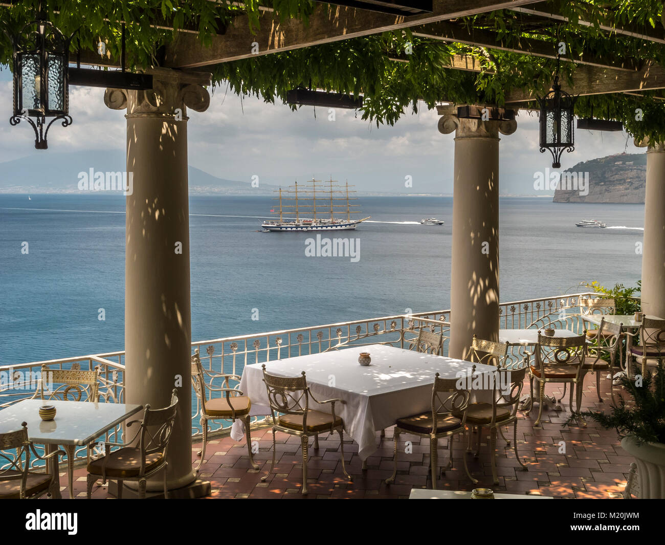 Restaurant view overlooking  the Bay of Naples on the Sorrentine Peninsula. Stock Photo