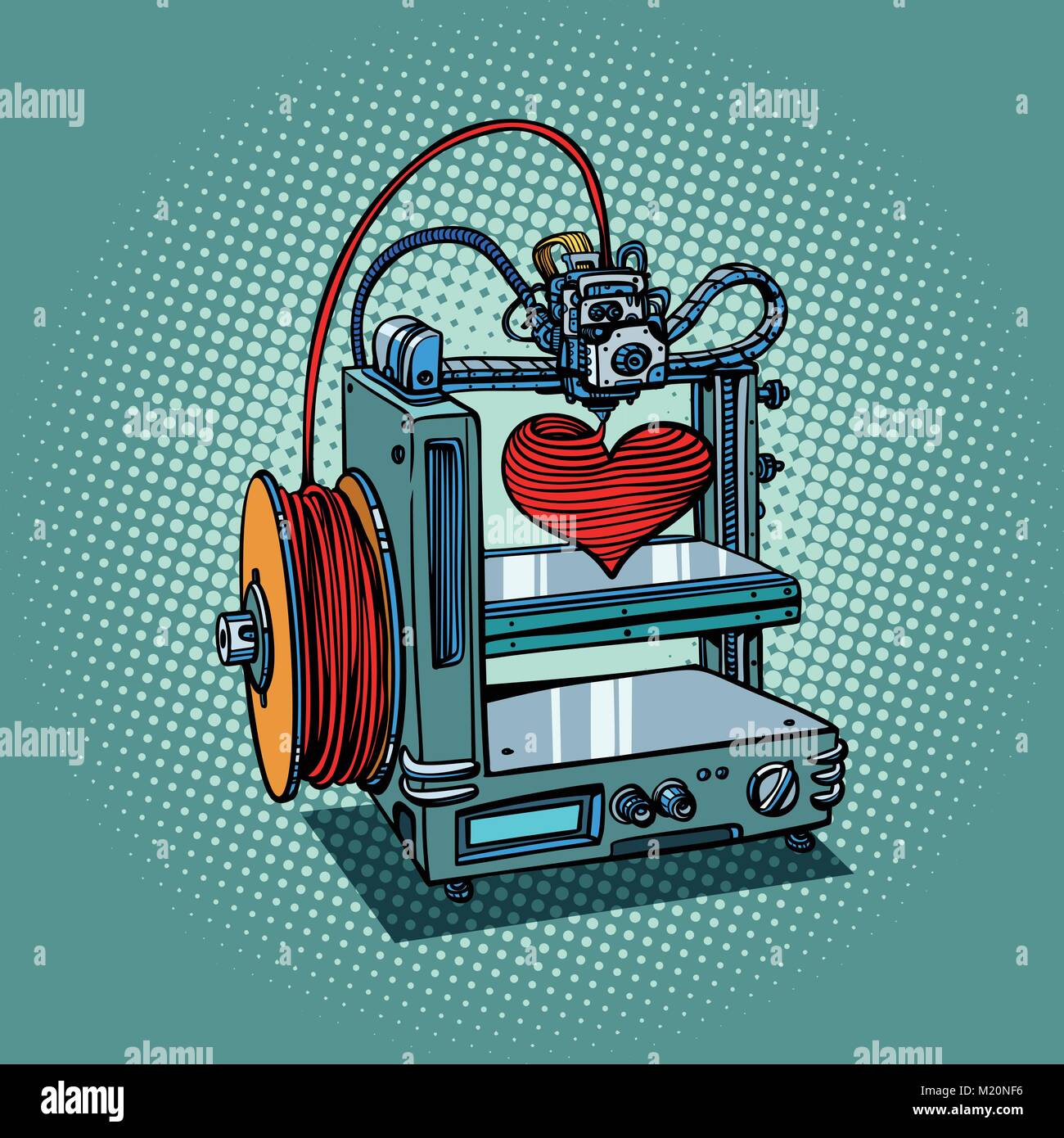 bioprinter prints love heart 3D printer manufacturing Stock Vector