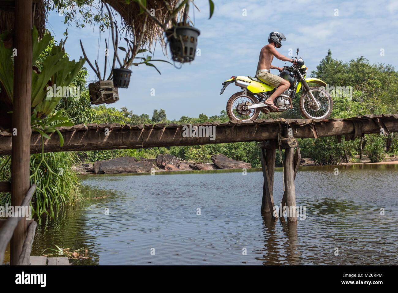 young man on cross motorbike crossing wooden bridge in jungle landscape Stock Photo