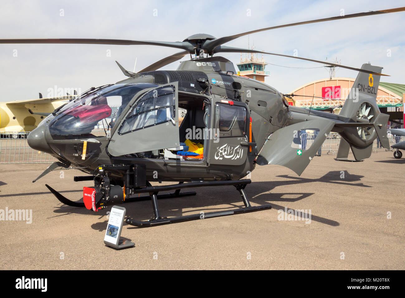 MARRAKECH, MOROCCO - APR 28, 2016: Royal Moroccan Gendarmerie (Military Police) Eurocopter EC-135 helicopter on display at the Marrakech Air Show. Stock Photo