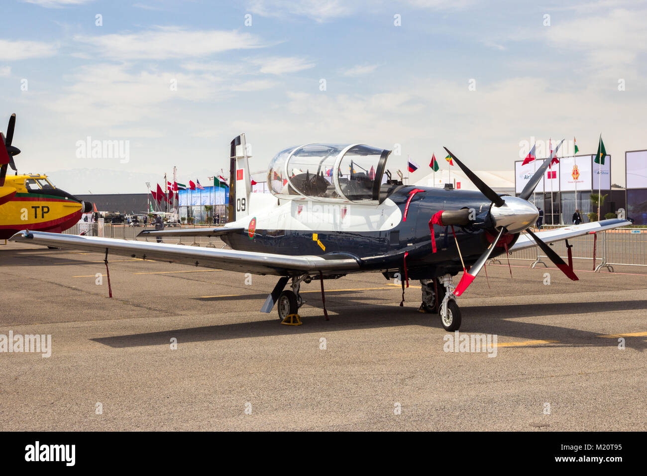 MARRAKECH, MOROCCO - APR 28, 2016: Royal Moroccan Air Force Beechcraft T-34 Mentor training plane on display at the Marrakech Air Show Stock Photo