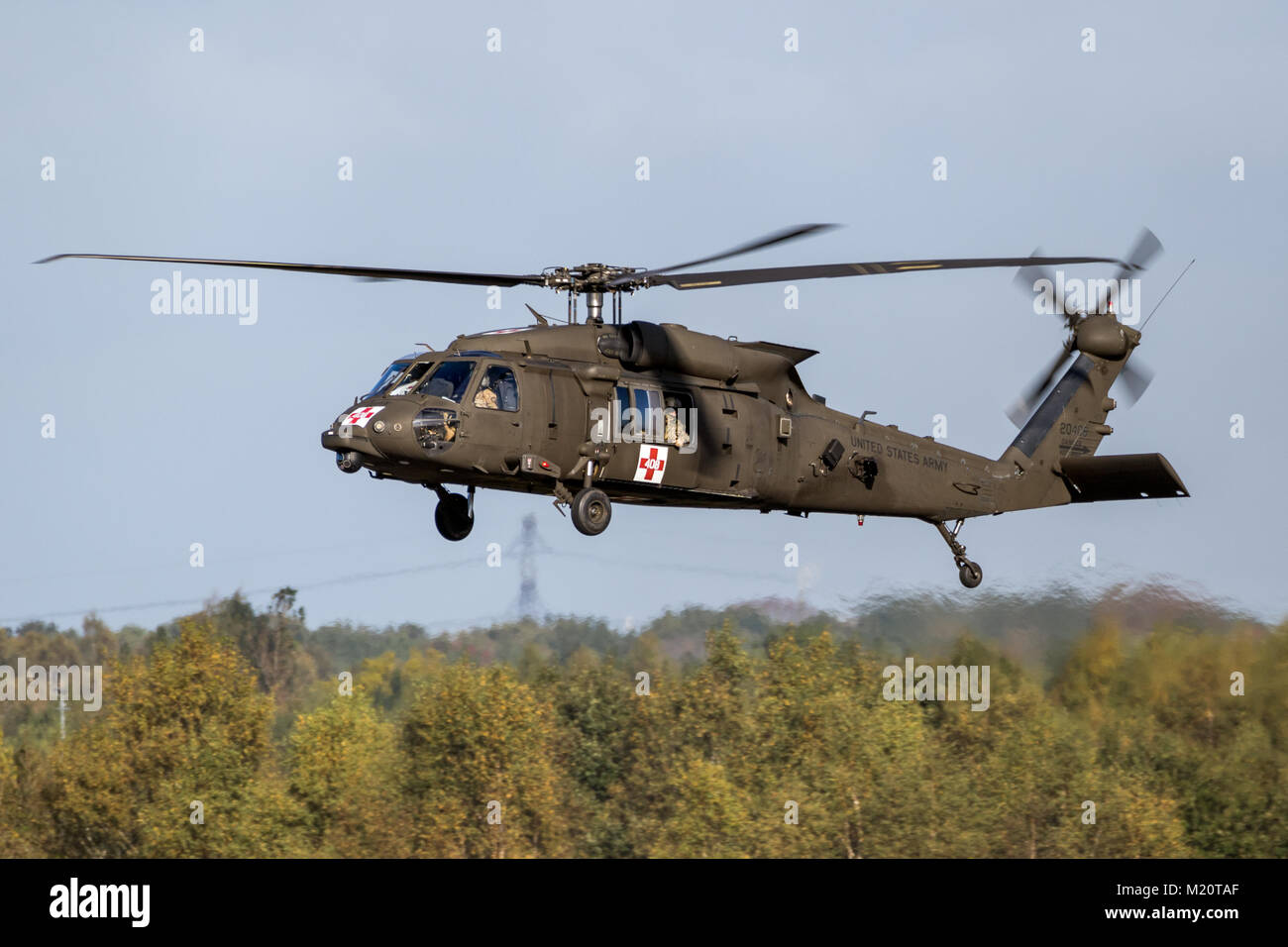 EINDHOVEN, THE NETHERLANDS - OCT 27, 2017: United States Army Sikorsky UH-60 Blackhawk transport helicopter in flight. Stock Photo