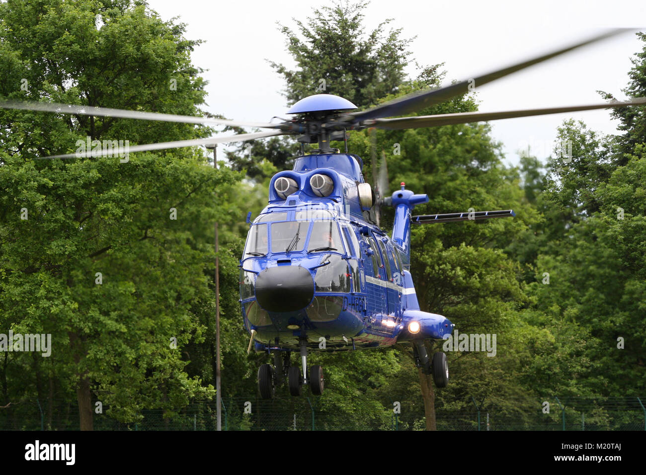 BONN, GERMANY - MAY 22, 2010: German Border patrol Eurocopter AS-332L1 Super Puma helicopter taking off during the Bundesgrenzschutz open house at Bon Stock Photo
