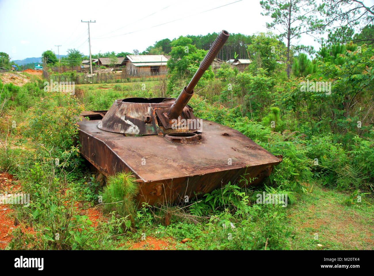 The remains of a bombed out Russian tank used by the Viet Cong in Loas ...