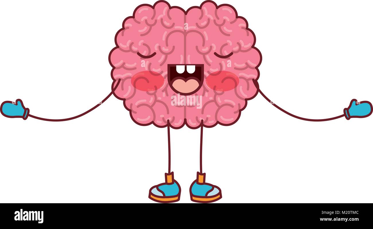 brain cartoon in standing position with open arms and concentrated ...