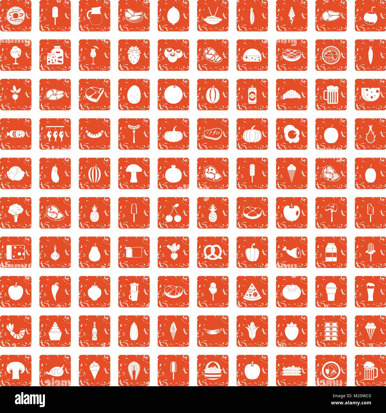 100 food icons set grunge orange Stock Vector
