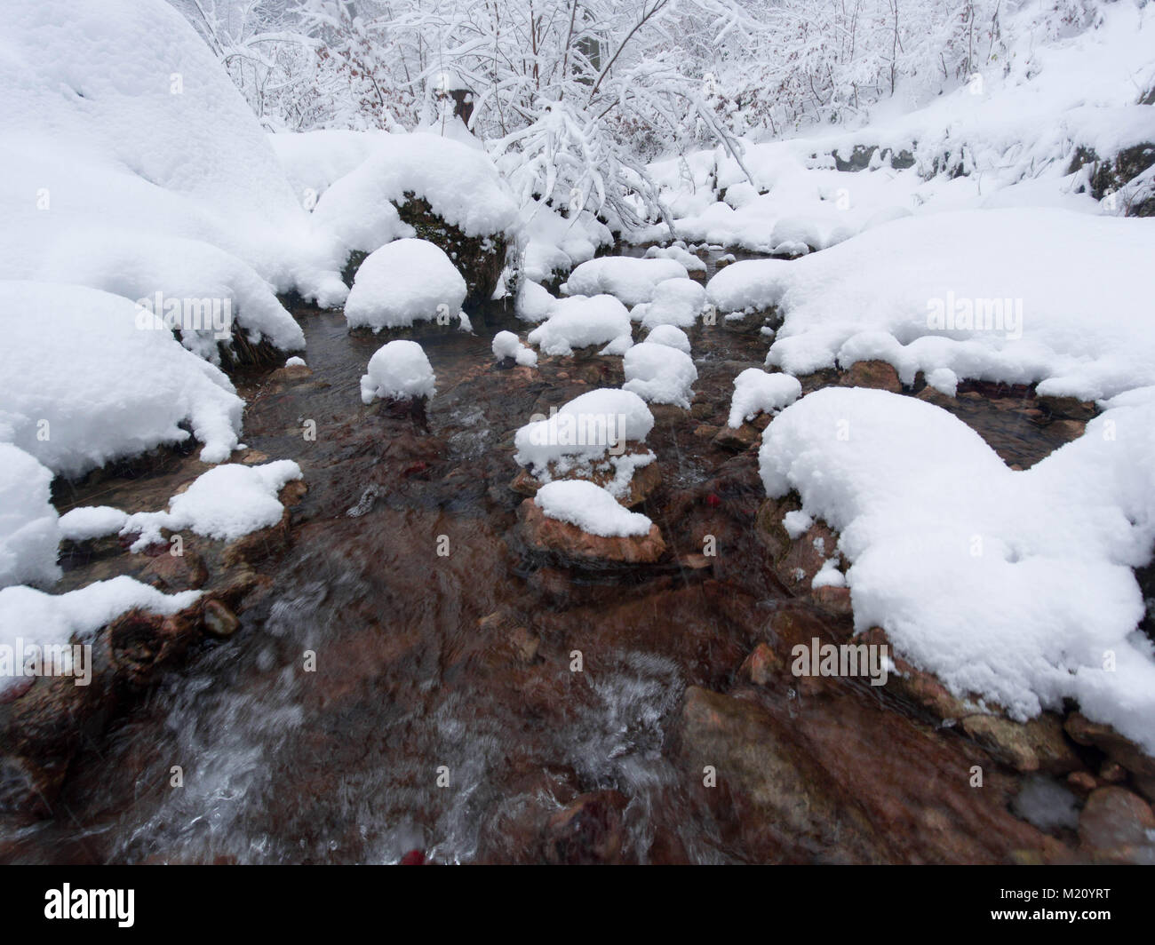 Clay-colored river in winter with snowed shore Stock Photo