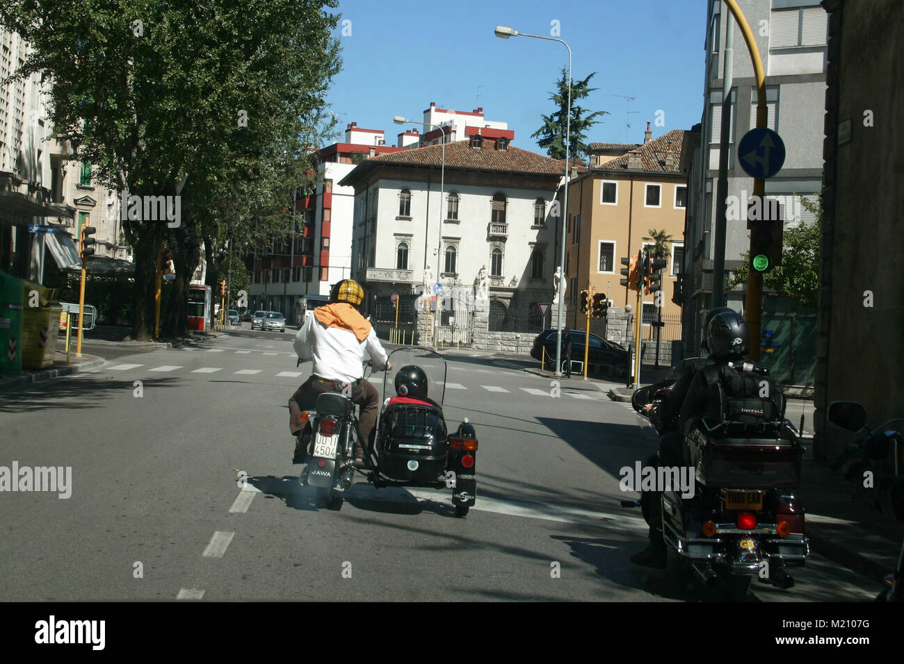 Motorcycle with sidecar on the roads of Udine, Italy Stock Photo