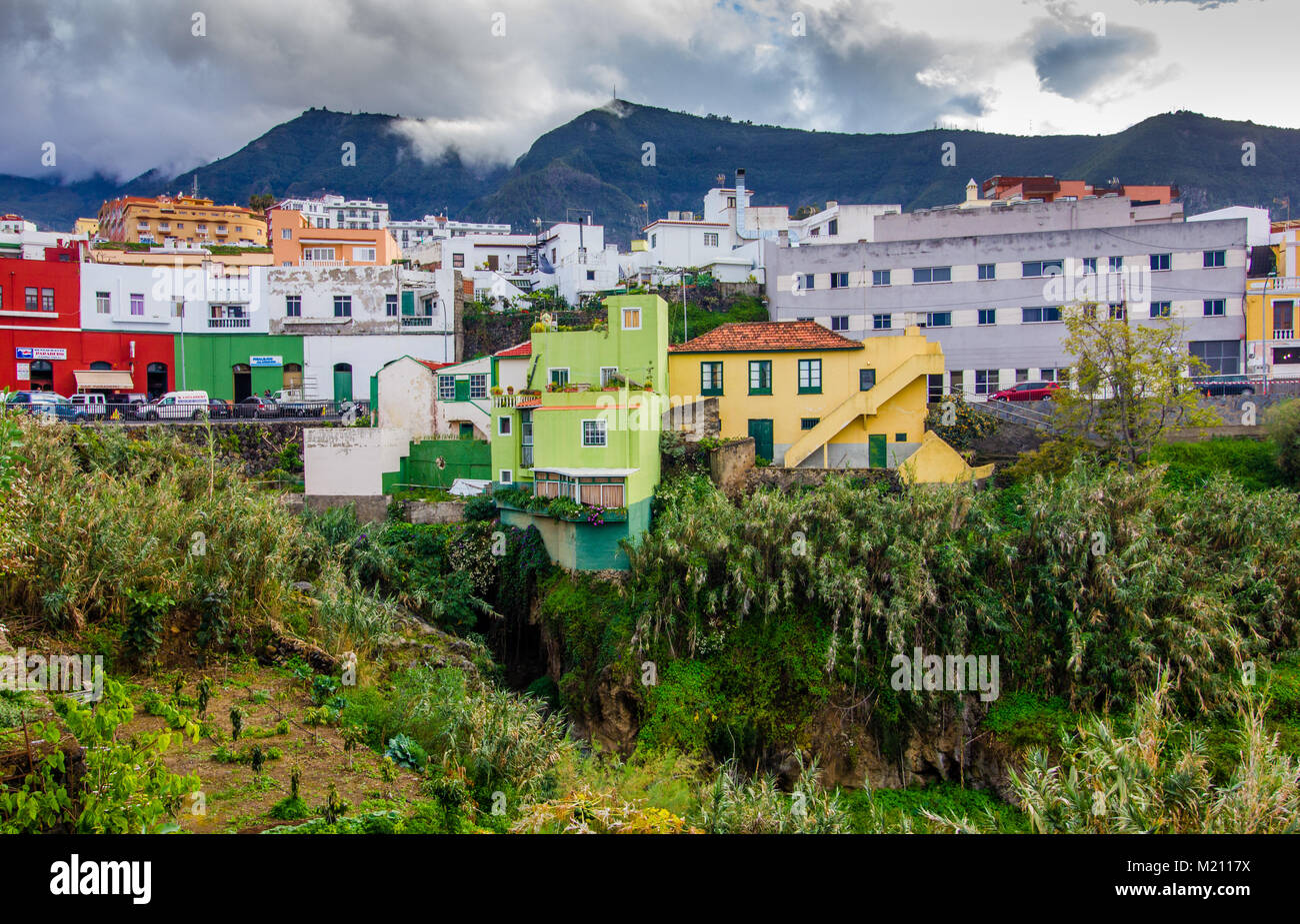 Traditional canarian townand houses built on a steep hill side.  Los Realejos, Tenerife 2016 Stock Photo