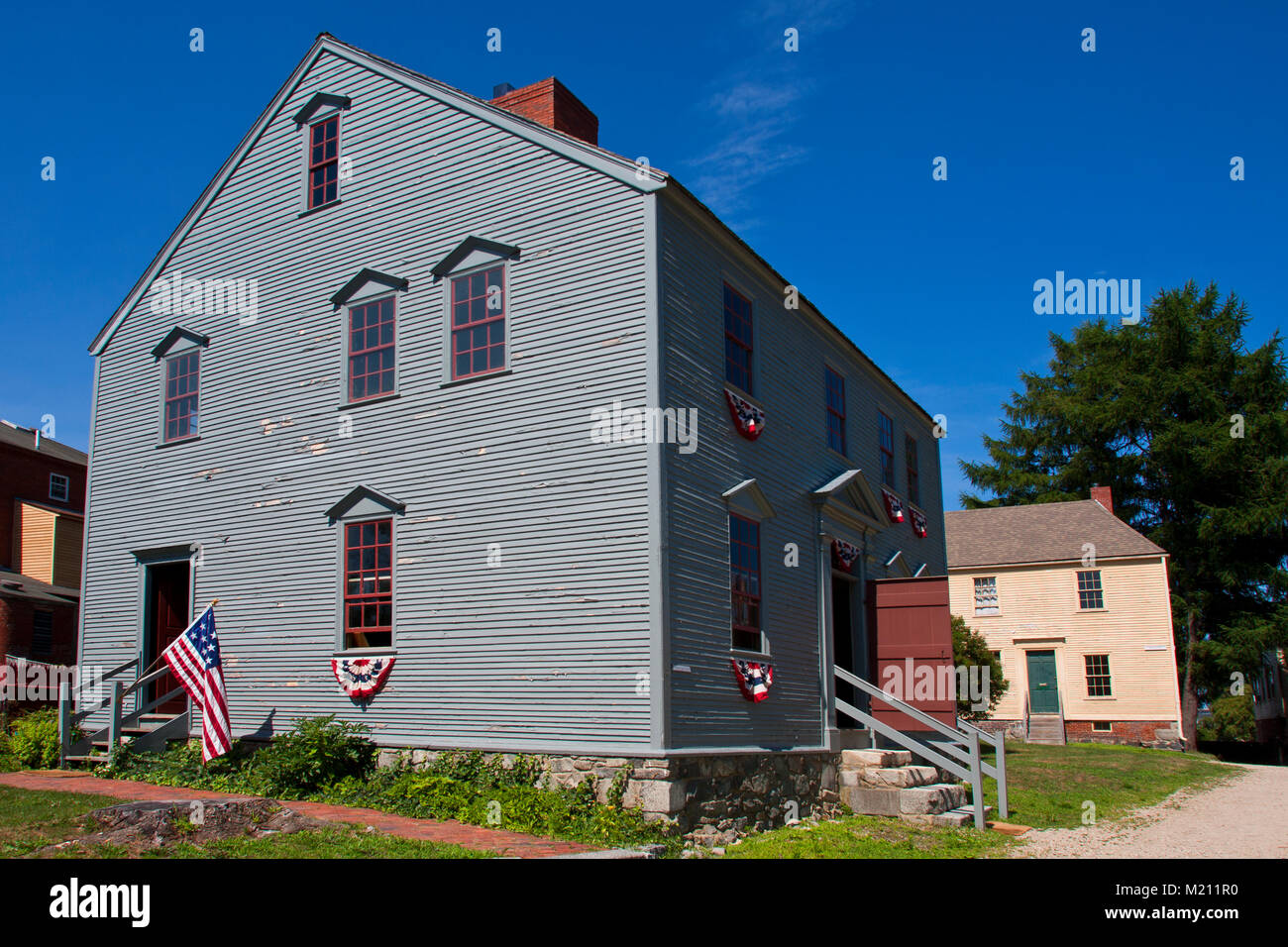 Strawbery Banke Museum, historic restoration, Portsmouth New Hampshire, Wheelright House (bluegrey) Jefferson Street, Stock Photo