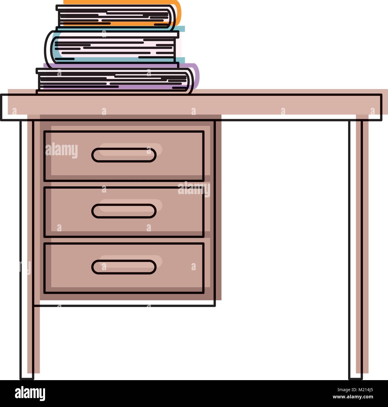 wooden desk of three drawers and books on top in watercolor silhouette with thick contour Stock Vector