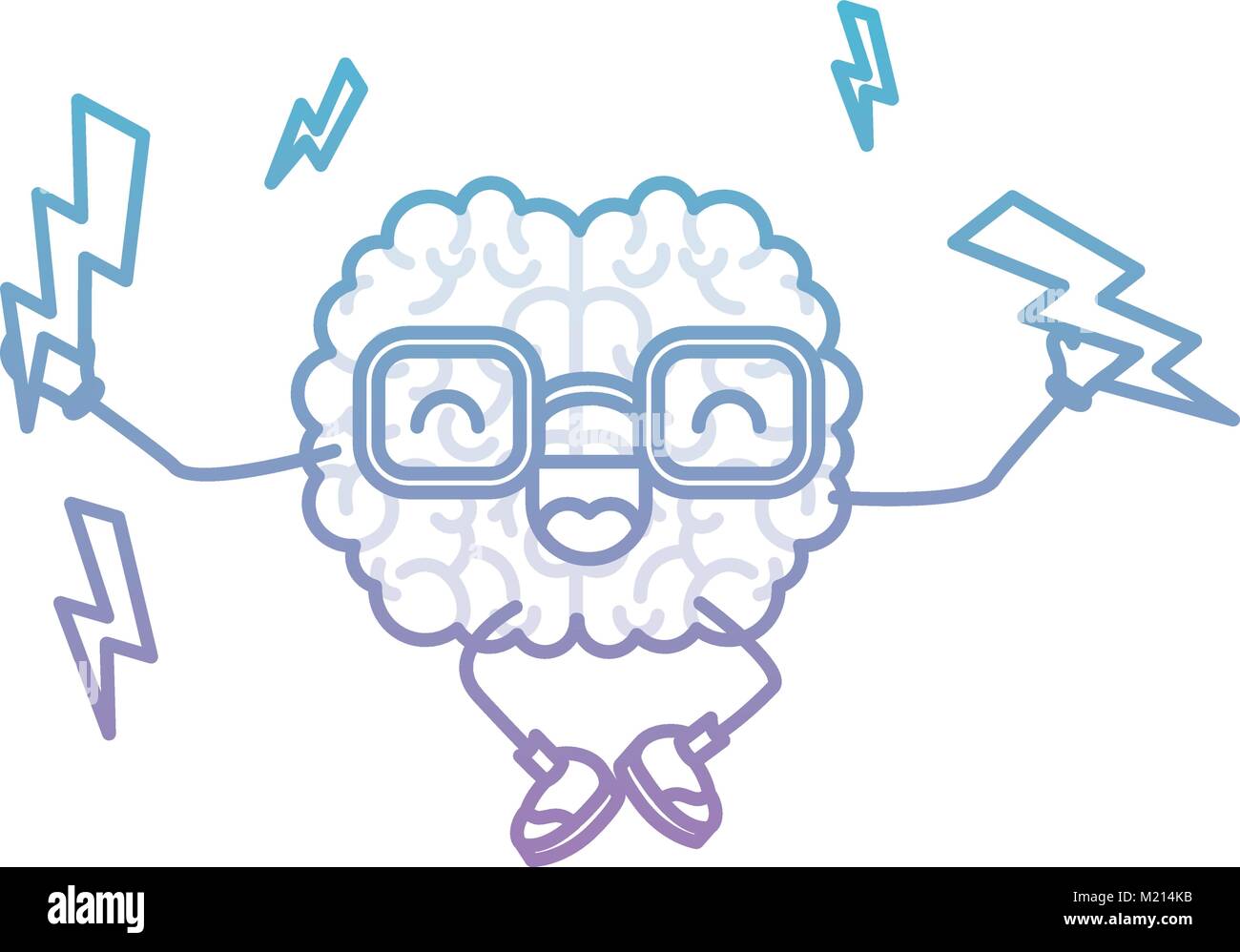 brain cartoon with glasses jumping for joy with lightings around in ...