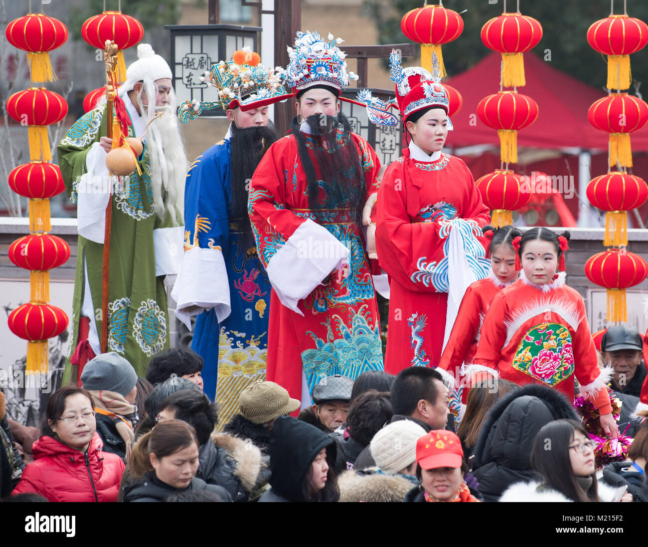 Shengzhou, China, 3rd Feb, 2018. Actors are ready to perform for villagers during a fair in Dongwang Village, Shengzhou City, east China's Zhejiang Province, Feb. 3, 2018, to greet the upcoming Spring Festival, or Chinese Lunar New Year. Credit: Weng Xinyang/Xinhua/Alamy Live News Stock Photo