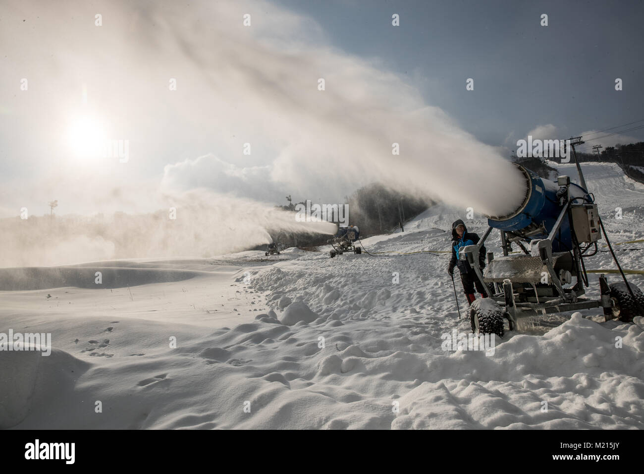 Pyeongchang, South Korea. 3rd Feb, 2018. Snow cannons produce fake snow