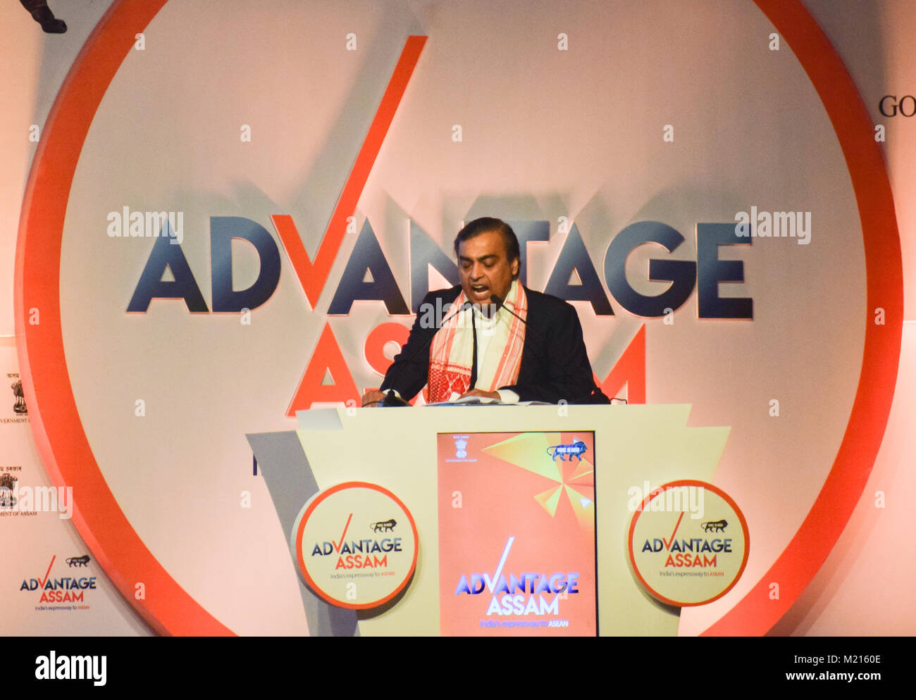 Industrialist Mukesh Ambani delivers a speech at the Advantage Assam- Global Investors Summit 2018. Stock Photo