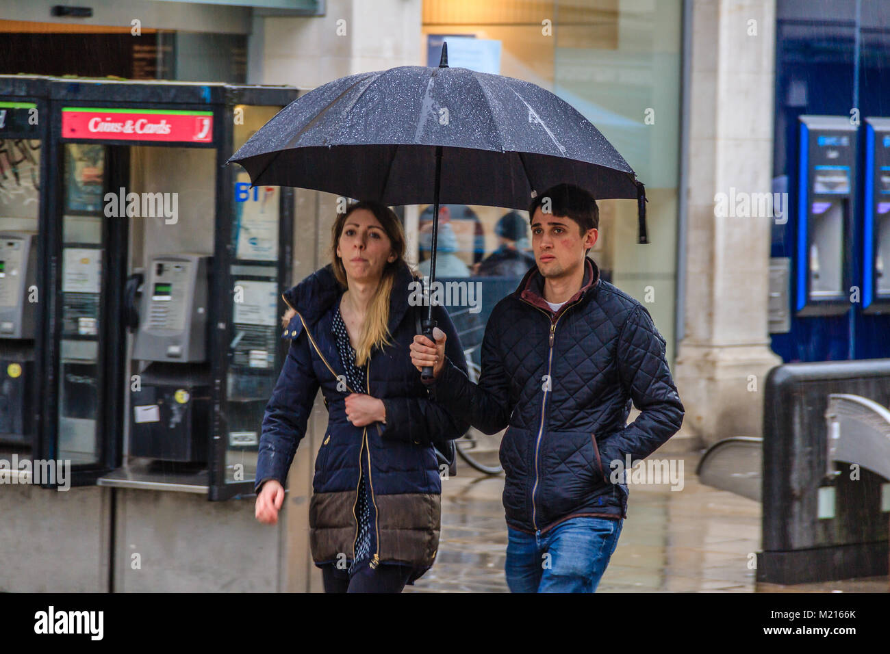 Oxford, UK. 3rd February, 2018.  Rainy Day for shoppers & tourists in Oxford, Oxfordshire, UK. Credit: JHNews / Alamy Live News Stock Photo
