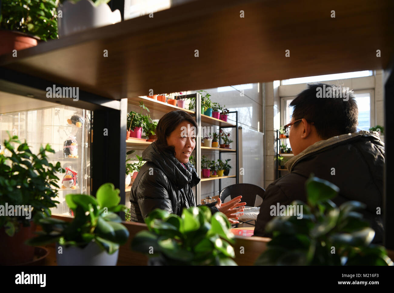 (180203) -- TIANJIN, Feb. 3, 2018 (Xinhua) -- Feng Cuiling (L) talks with an applicant for Party membership at Tianjin University in Tianjin, north China, Dec. 13, 2017. Feng Cuiling, a delegate to the 19th National Congress of the Communist Party of China, is Party secretary of the School of Pharmaceutical Science and Technology of Tianjin University. She is dedicated to system reforming, talents cultivating, faculty improving and discipline building, trying to build a world first-class school. As an educator, Feng exerts every effort in her job to offer the kind of education that satisfies t Stock Photo