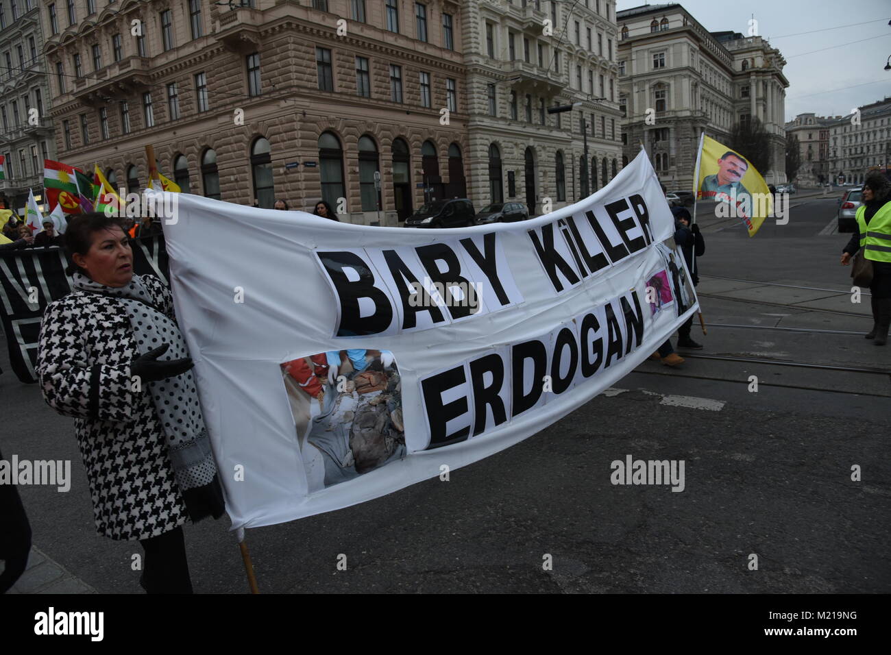 2018, February 2nd. Vienna/Austria. Up to 2.000 people take to the streets to protest against the Turkish military intervention in Afrin. Woman holding a banner that reads: 'Baby Killer Erdogan'. Credit: Vincent Sufiyan/Alamy Live News Stock Photo