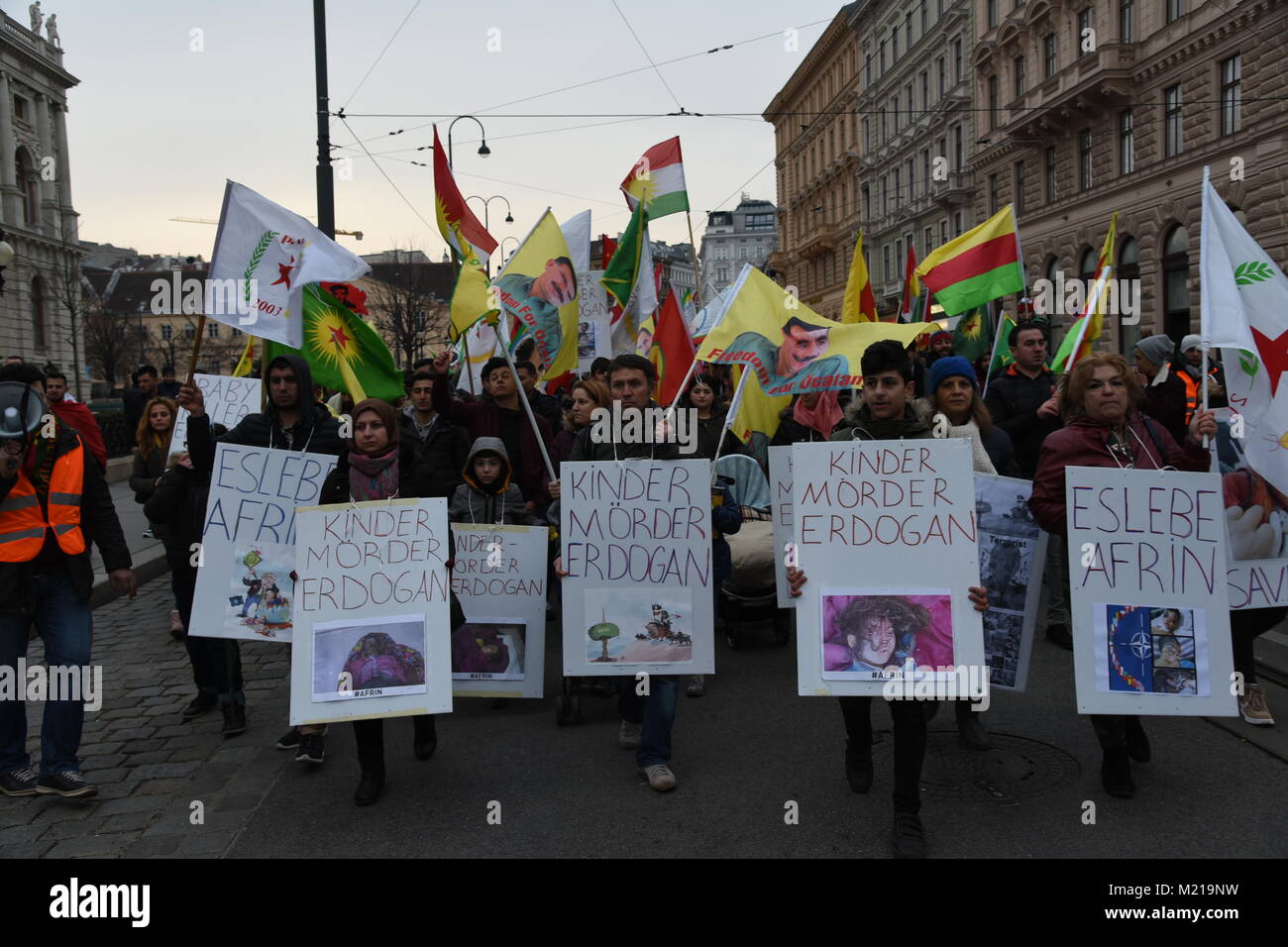 2018, February 2nd. Vienna/Austria. Up to 2.000 people take to the streets to protest against the Turkish military intervention in Afrin. The participants draw attention to the multiple childred, among the casualties in the conflict. Credit: Vincent Sufiyan/Alamy Live News Stock Photo