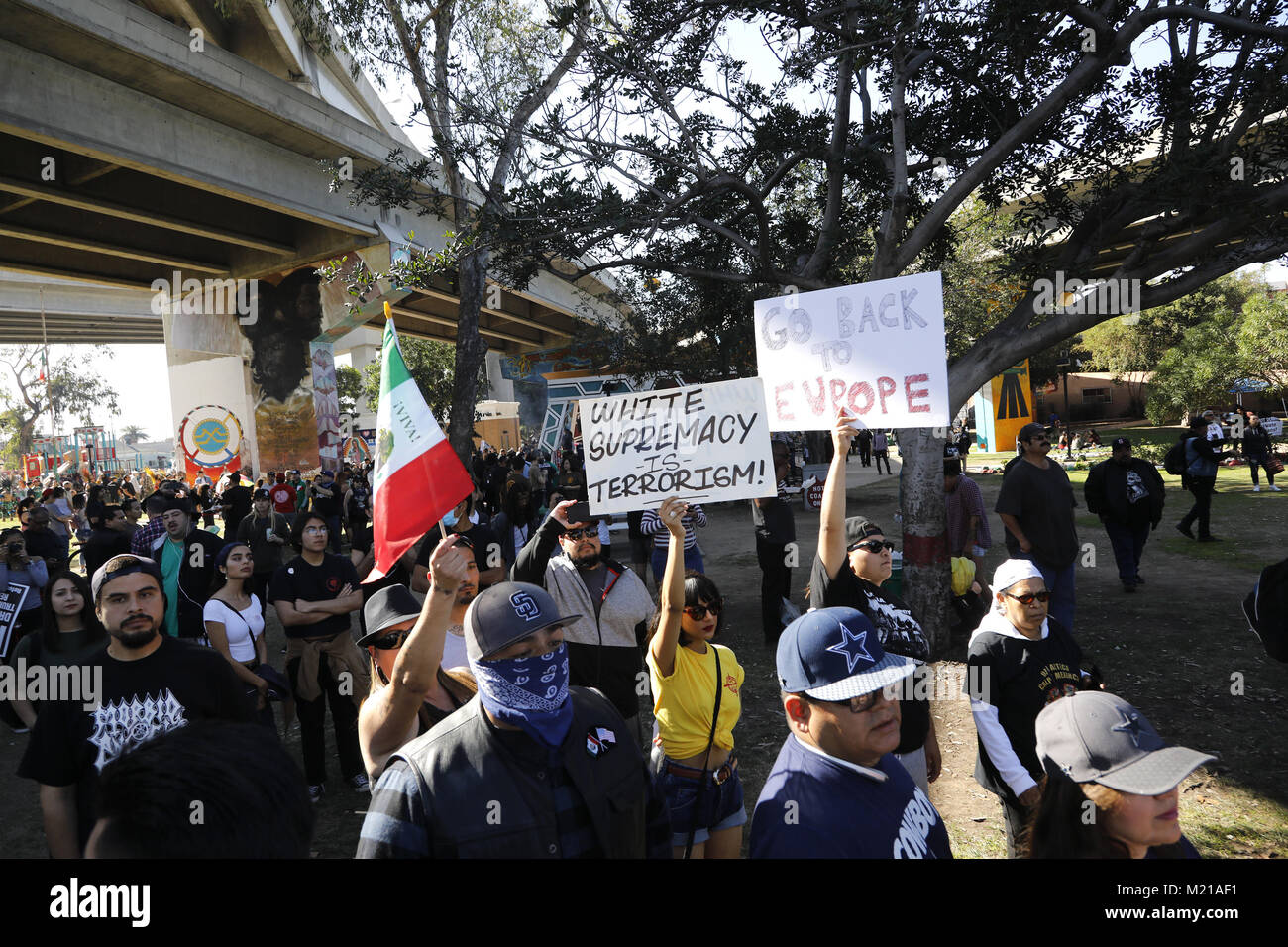San Diego, CA, USA. 3rd Feb, 2018. Several right-wing groups aligned with the Patriotic Picnic held a few table across from Chicano Park where supporters of Chicano culture shown, rallied in the Barrio Logan neighborhood of San Diego. Credit: John Gastaldo/ZUMA Wire/Alamy Live News Stock Photo