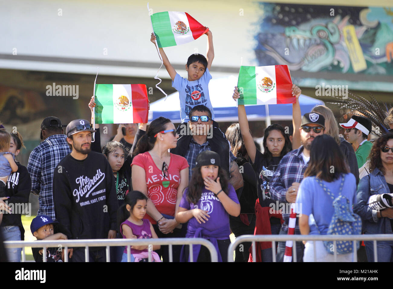 San Diego, CA, USA. 3rd Feb, 2018. Several right-wing groups aligned with the Patriotic Picnic held a few tables across from Chicano Park protesters, shown, in the Barrio Logan neighborhood of San Diego Saturday morning. Credit: John Gastaldo/ZUMA Wire/Alamy Live News Stock Photo