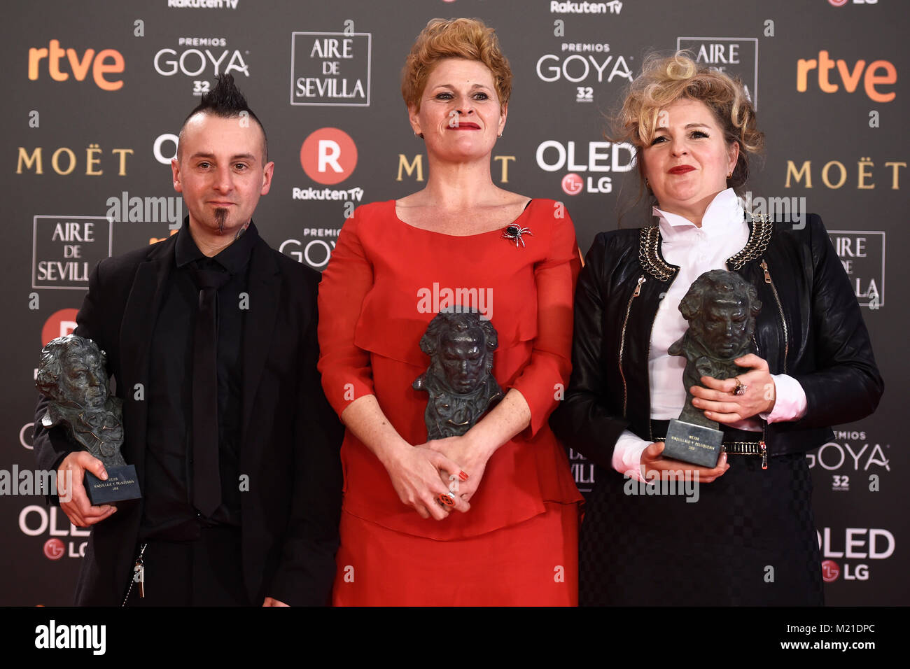 Ainhoa Eskisabel, Olga Cruz and Gorka Aguirre Frias in the press room during the 32th annual Goya Film Awards in Madrid, on Saturday 3rd February, 2018. pictured : Goya maquillaje y peluqueria ' Handia ' Credit: Gtres Información más Comuniación on line, S.L./Alamy Live News Stock Photo