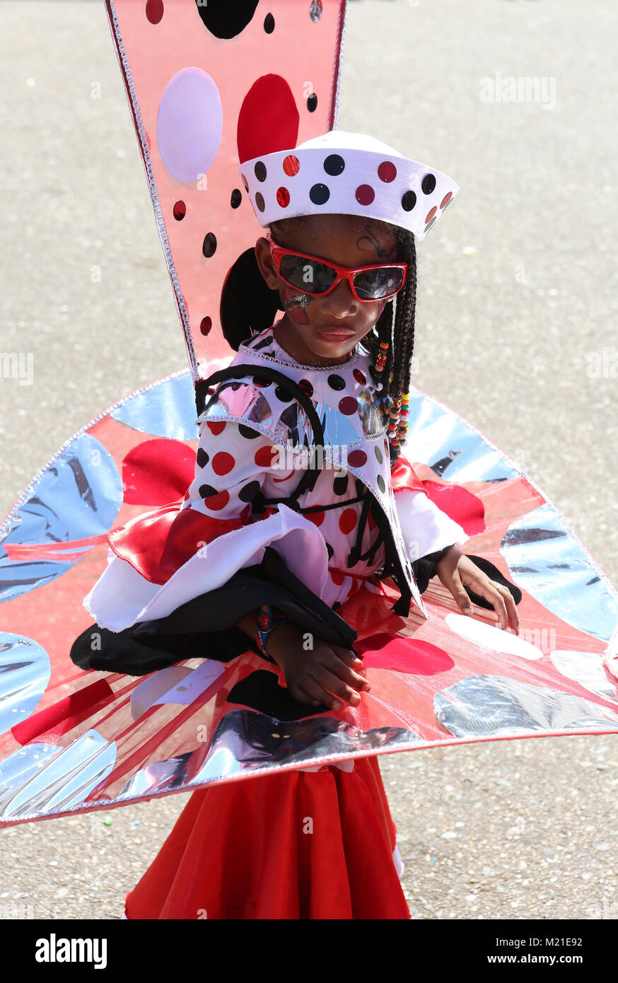 PORT OF SPAIN, TRINIDAD - Feb 03: Young masquerader performs during the annual Red Cross Junior Carnival competition in the Queen's Park Savannah on Feb 03, 2018 in Port of Spain, Trinidad.  (Photo by Sean Drakes/Alamy Live News) Stock Photo