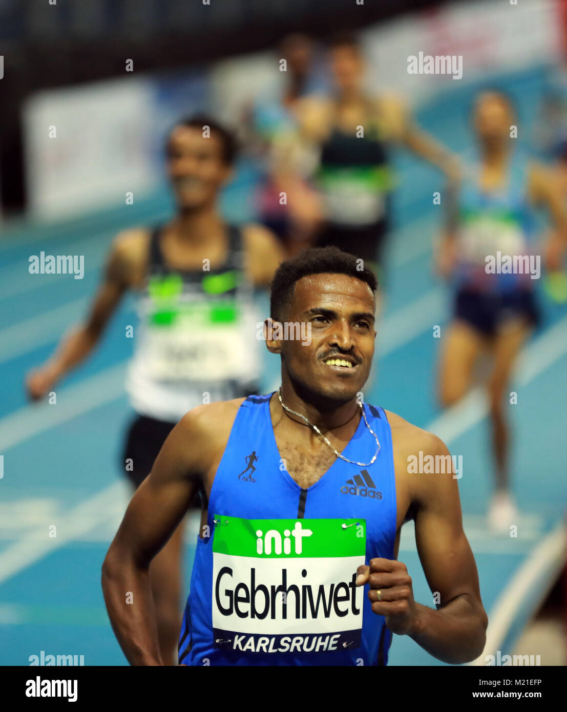 Karlsruhe, Germany. 3rd Feb, 2018. Hagos Gebrhiwet (Front) of Ethiopia