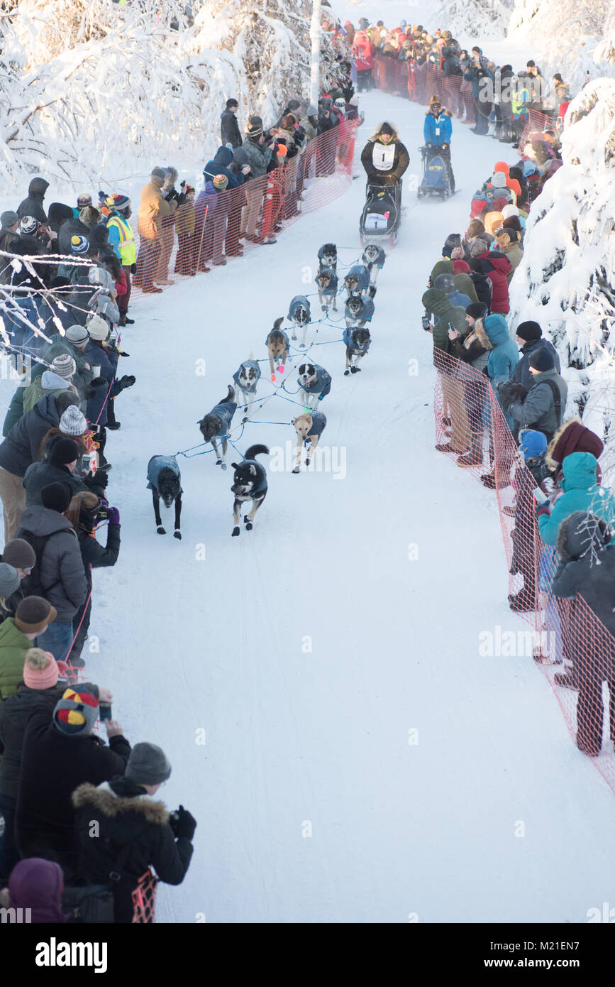 FAIRBANKS, ALASKA - FEBRUARY 3, 2018: Rookie Tim Pappas from Willow, AK, is the first out of the chute. Credit: Roger Asbury/Alamy Live News Stock Photo