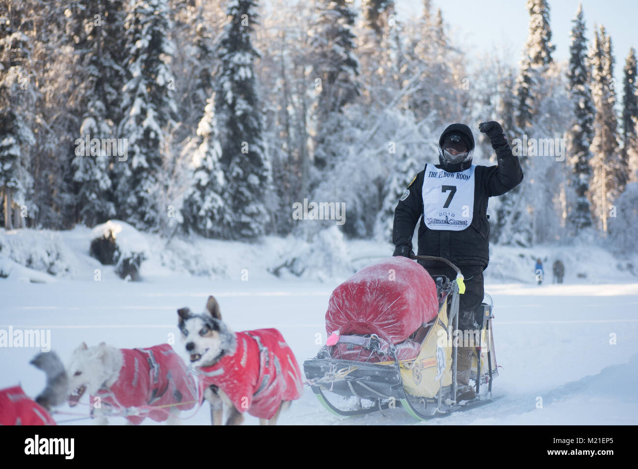 FAIRBANKS, ALASKA - FEBRUARY 3, 2018: Race veteran Matt Hall from Two Rivers, AK, waves to fans as he passes on the Chena River. Credit: Roger Asbury/Alamy Live News Stock Photo