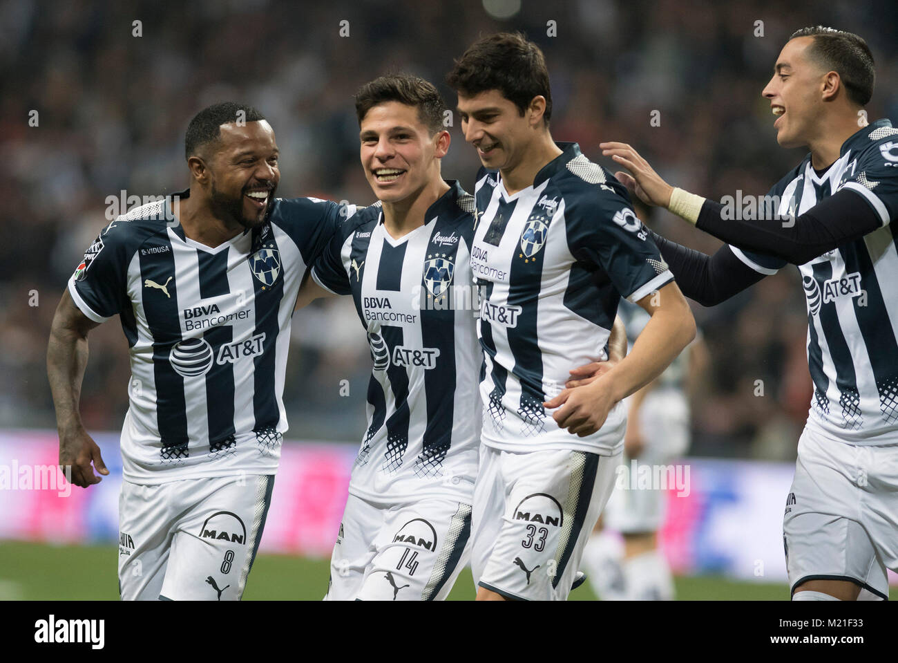Rayados De Monterrey S Players L R Dorlan Pabon Arturo Gonzalez Stefan Medina And Rogelio Funes Mori Celebrate A Goal Against Leon During The Torneo Clausura 5th Round Match Between Monterrey And Leon At