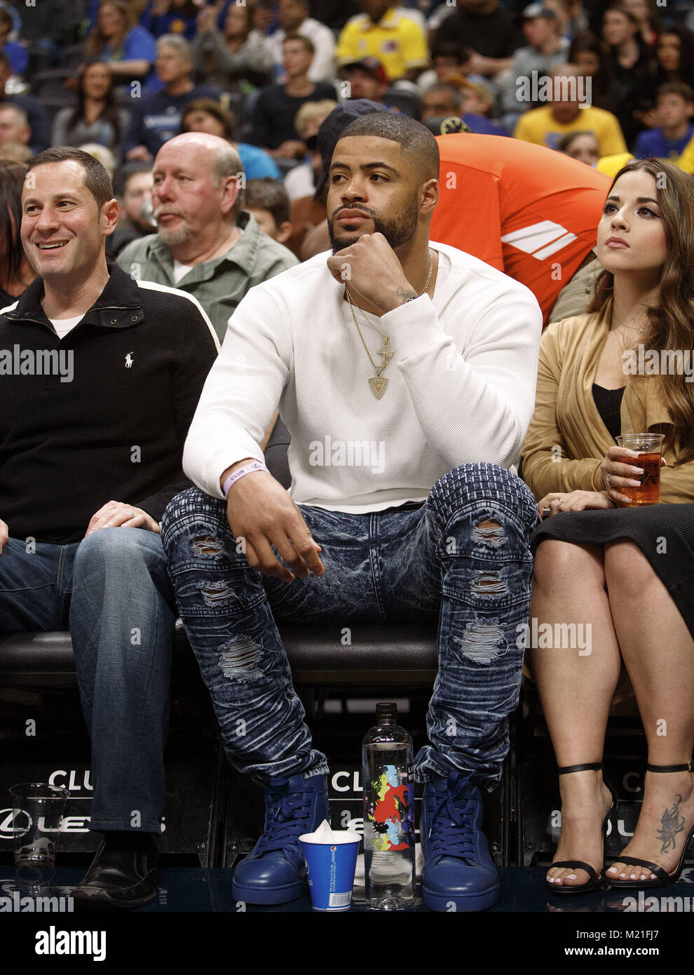 Denver, Colorado, USA. 3rd Feb, 2018. Warriors STEPHEN CURRY, looks on from  center court during the 2nd. Half at the Pepsi Center Saturday night. The  Nuggets beat the Warriors 115-108 Credit: Hector