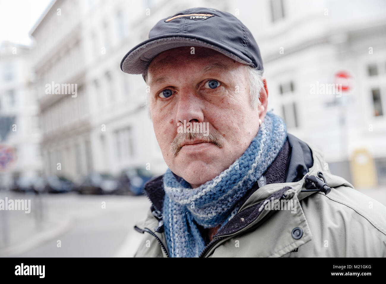 The formerly homeless Joerg Petersen, standing in the Sankt Georg district in Hamburg, Germany, 01 Febuary 2018. Petersen collected 80000 signatures with an online petition for the opening of emergency winter programmes for the homeless during the daytime. Photo: Markus Scholz/dpa Stock Photo