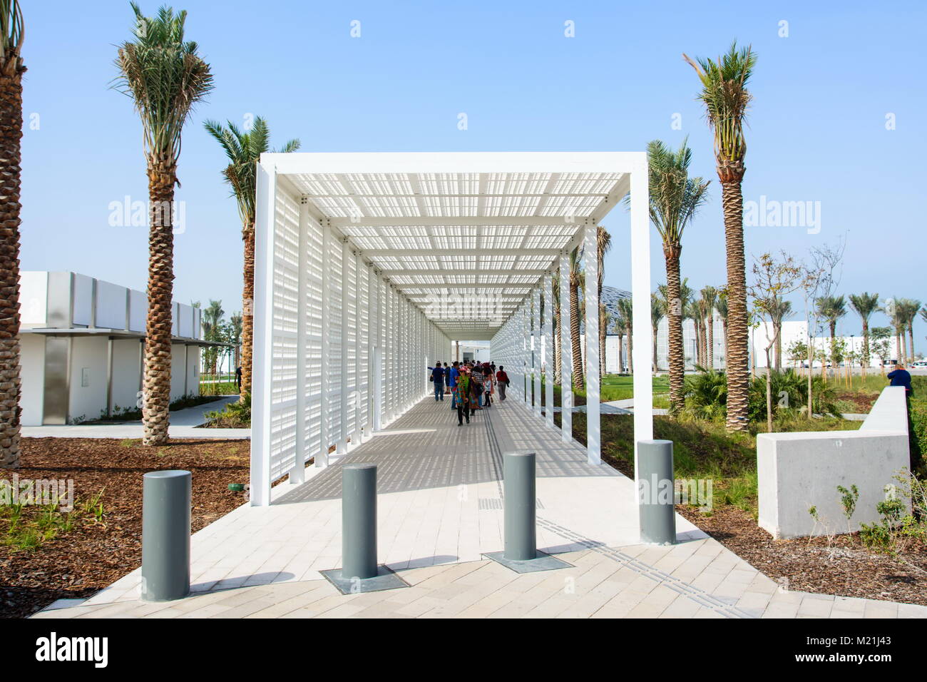 ABU DHABI, UNITED ARAB EMIRATES - JANUARY 26, 2018: Louvre Abu Dhabi building exterior and entrance. New museum in United Arab Emirates opened on Nove Stock Photo