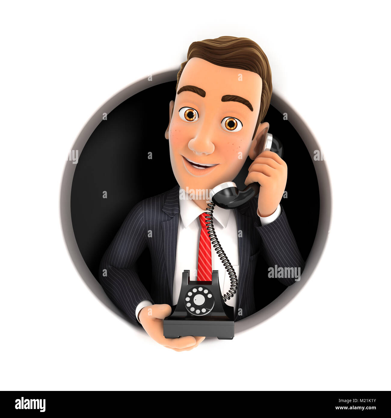 3d businessman making phone call inside circular hole, illustration with isolated white background Stock Photo