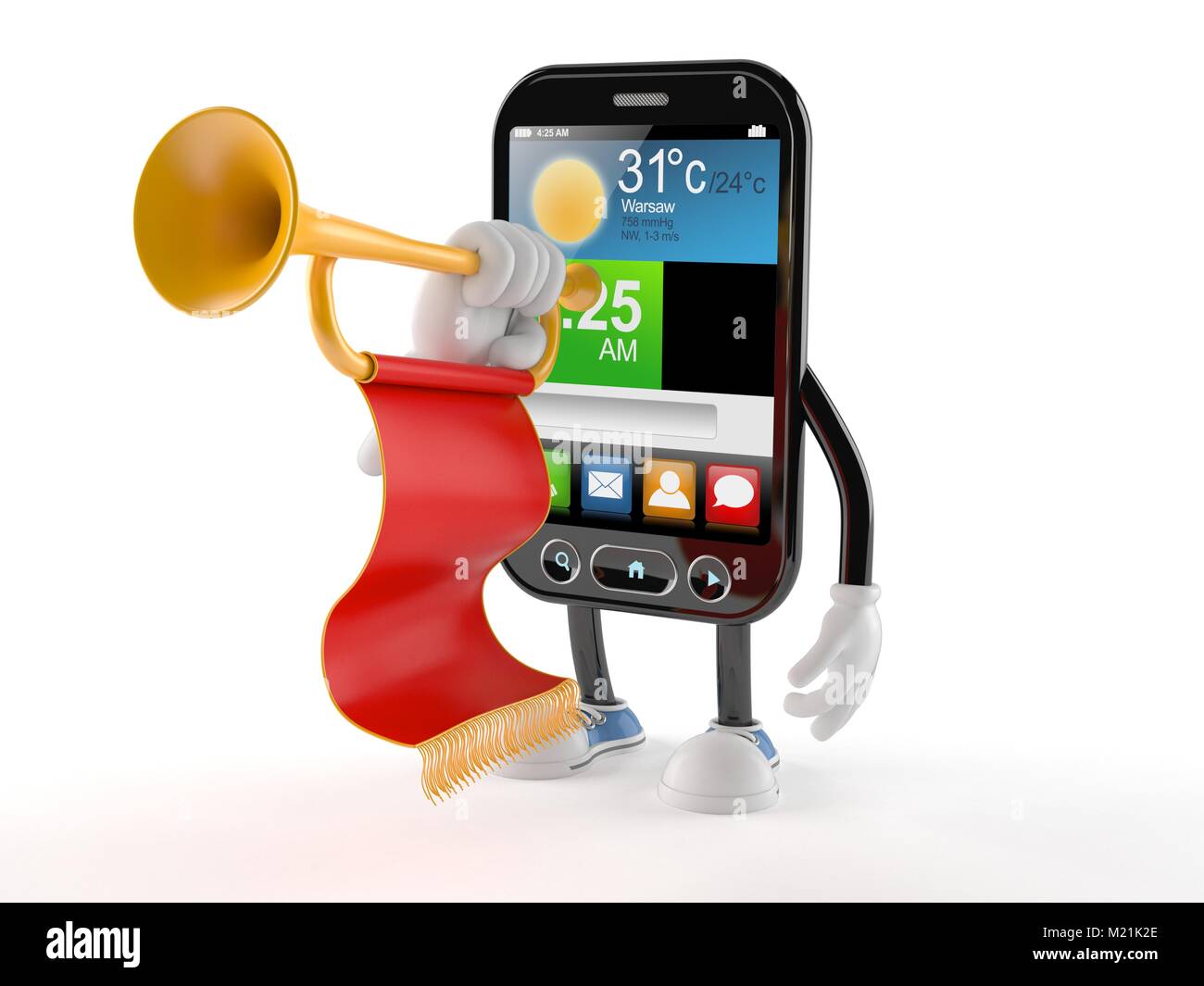 Smart phone character with trumpet isolated on white background Stock