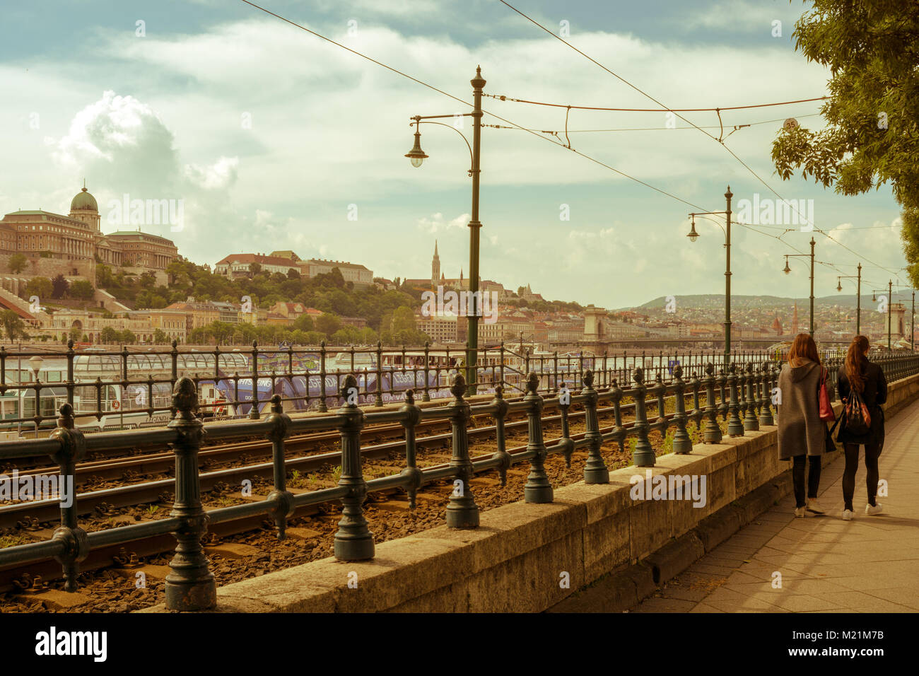 Riverside Promenade in Budapest with Caslte Hill Stock Photo