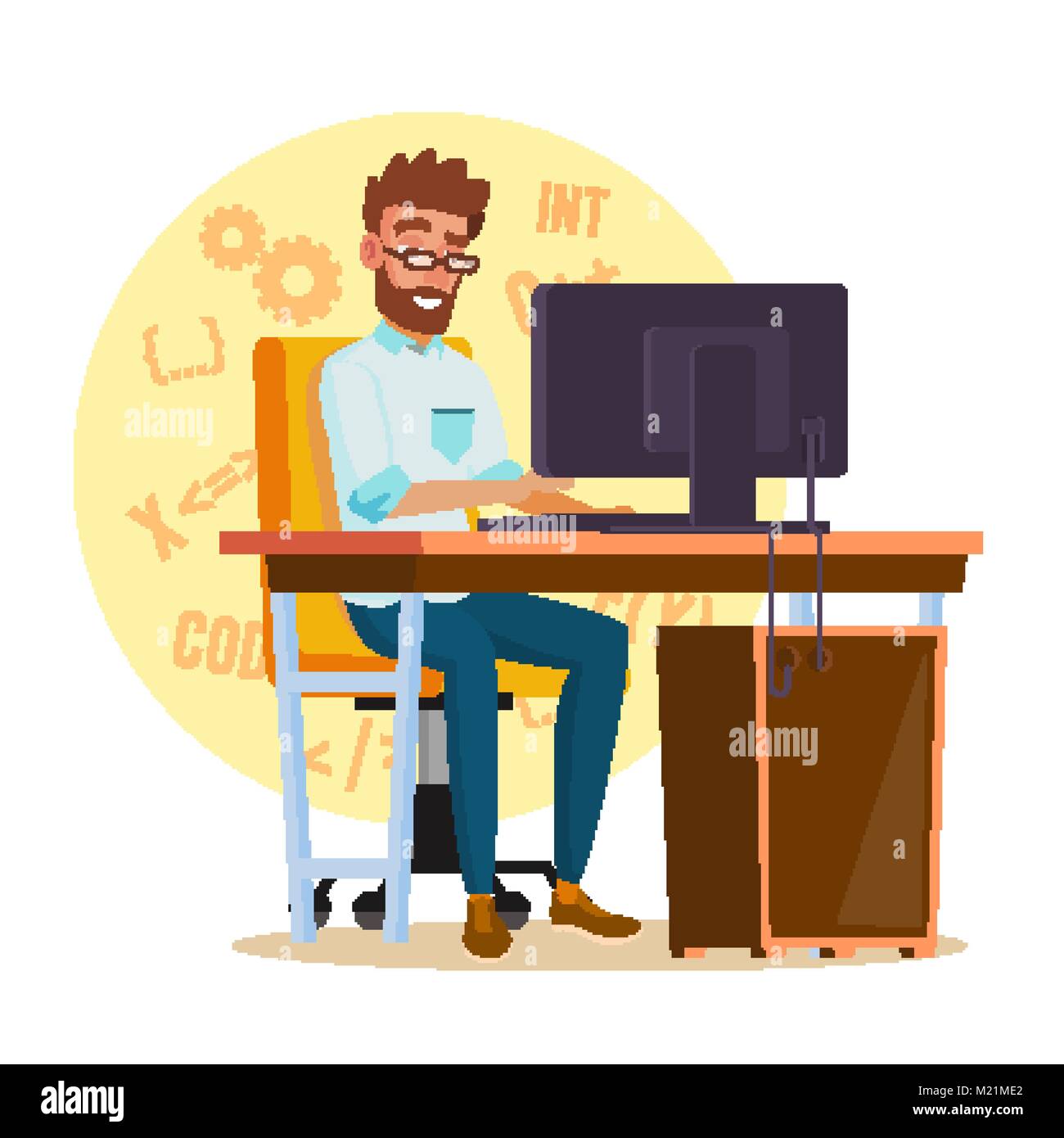 Programmer Man Vector. Stylized Young Developer. Person Working On  Computer. Isolated Flat Cartoon Character Illustration Stock Vector Image &  Art - Alamy