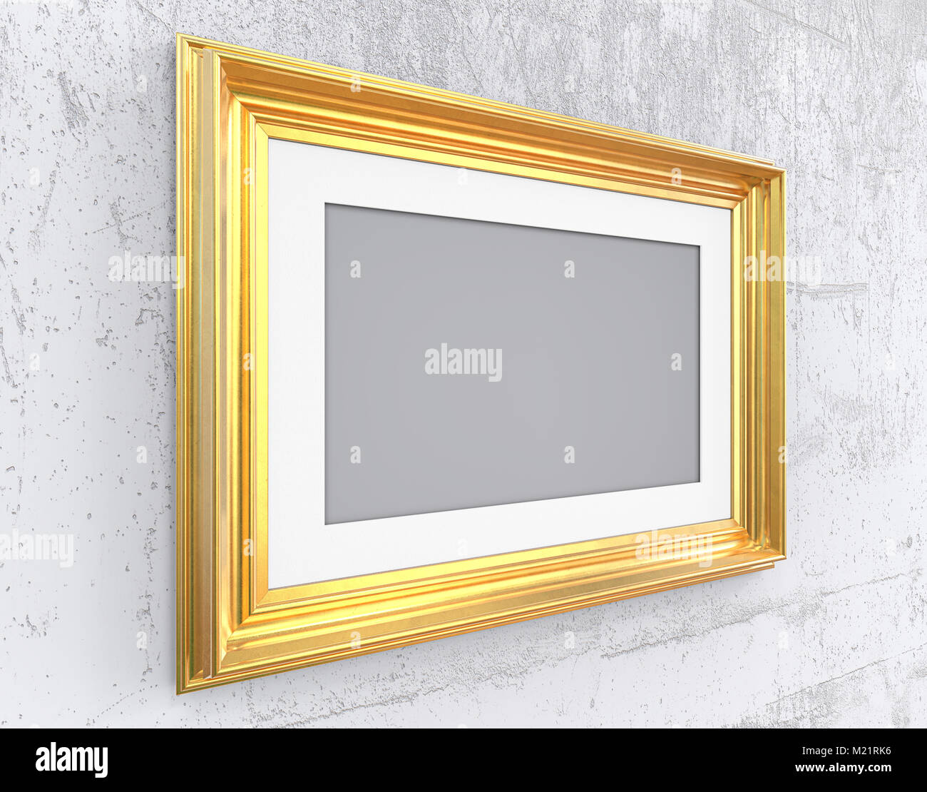 Angled Vintage Gold Frame with passe-partout on Angled wall. Rough Concrete. Blank for Copy Space. Stock Photo