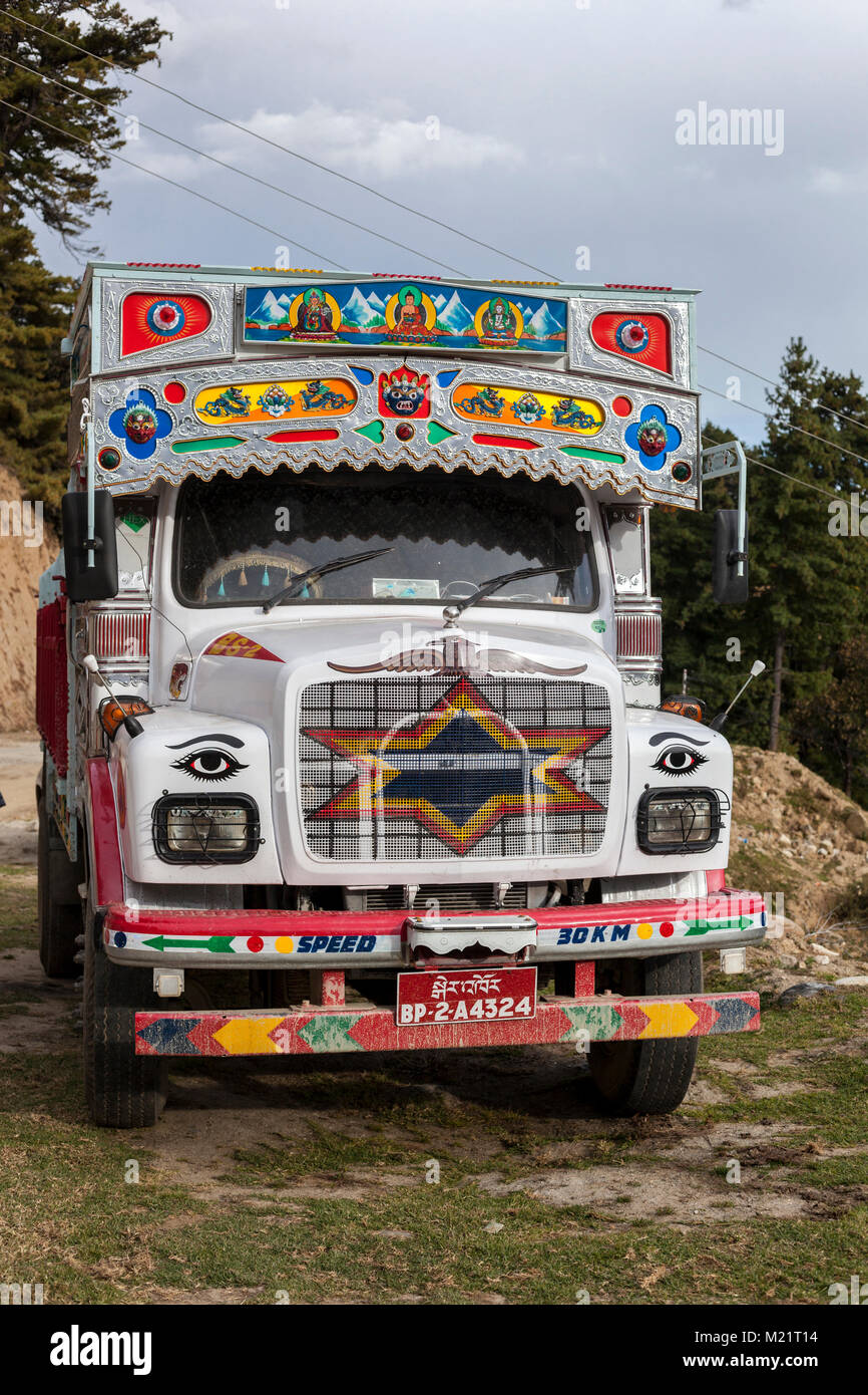 Prakhar Lhakhang, Bumthang, Bhutan.  Truck Decorated with Buddhist Bhutanese Motifs. Stock Photo