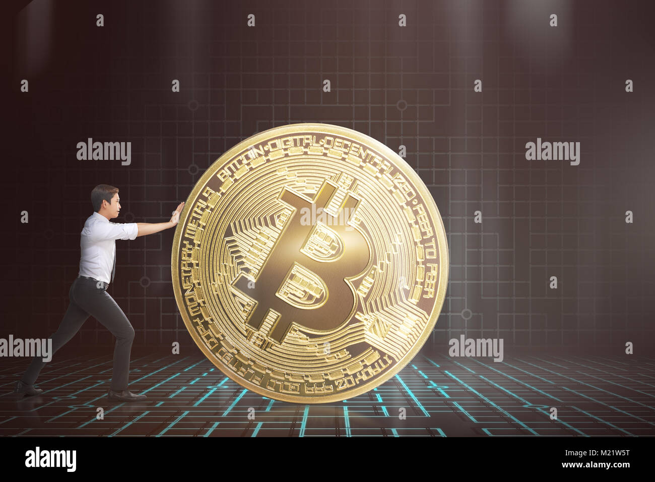 Image of asian business man pushing bitcoin Stock Photo - Alamy