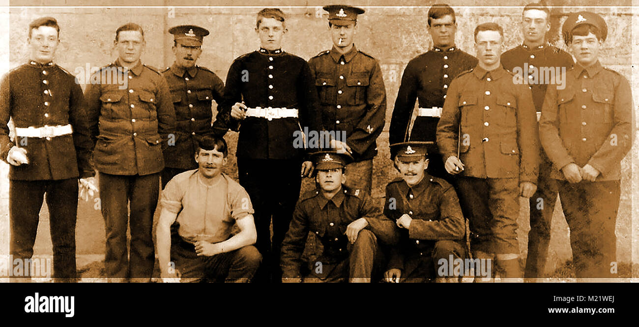 First World War (1914-1918)  aka The Great War or World War One - Trench Warfare - An old album photograph showing a group of WWI British soldiers, possibly Royal Garrison Artillery. Stock Photo