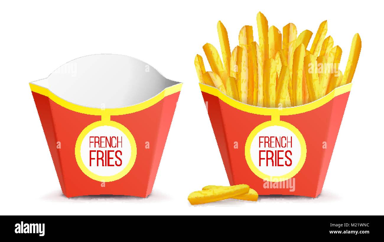 Realistic French Fries Potatoes Vector. Tasty Fast Food Potato. Empty And Full. Isolated On White Background Illustration Stock Vector
