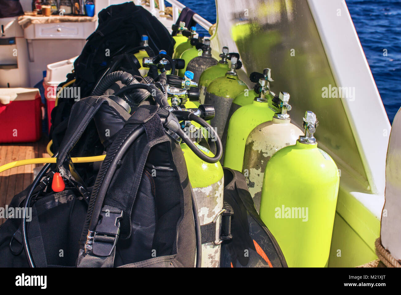 Equipment for scuba diving on boat of ship Stock Photo Alamy