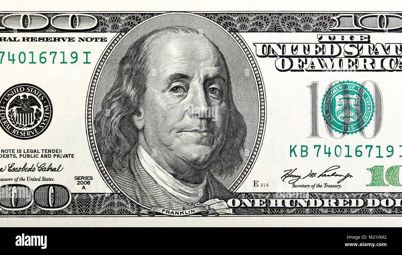 Portrait of Benjamin Franklin from one hundred dollars bill old  Stock Photo
