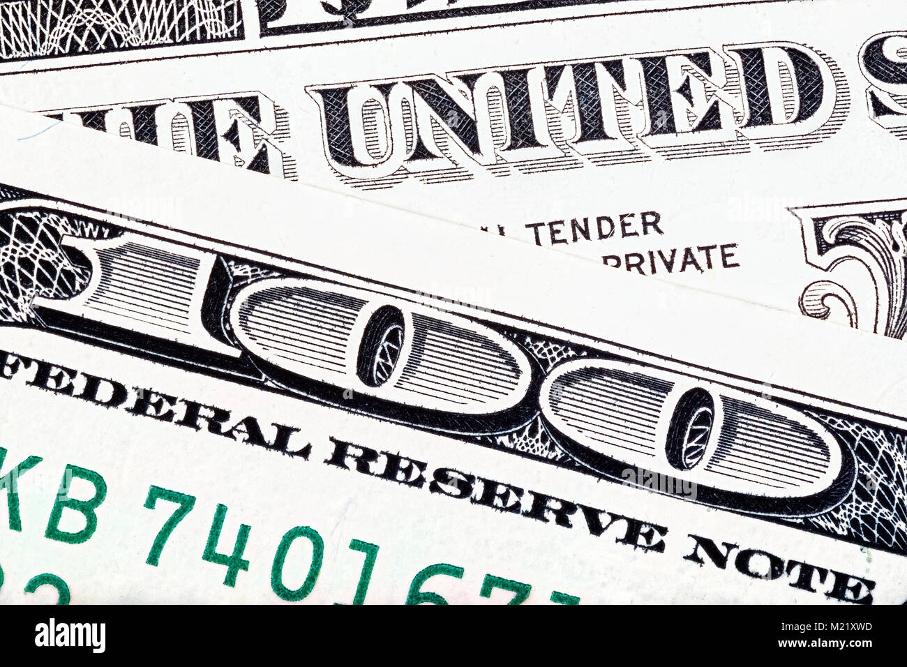 Hundred dollars bill. Close-up end stacked photo. Stock Photo