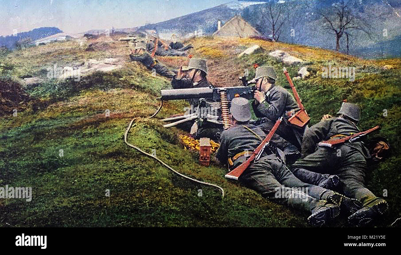 First World War (1914-1918)  aka The Great War or World War One - Trench Warfare - WWI  A  French propaganda colour postcard showing Infantry firing from the trenches Stock Photo