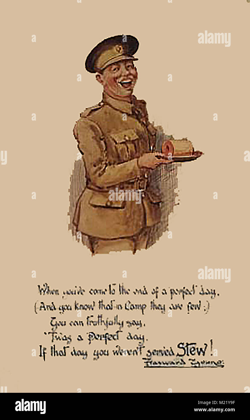 First World War (1914-1918)  aka The Great War or World War One - Trench Warfare - WWI Postcard -  Commenting on army camp rations Stock Photo