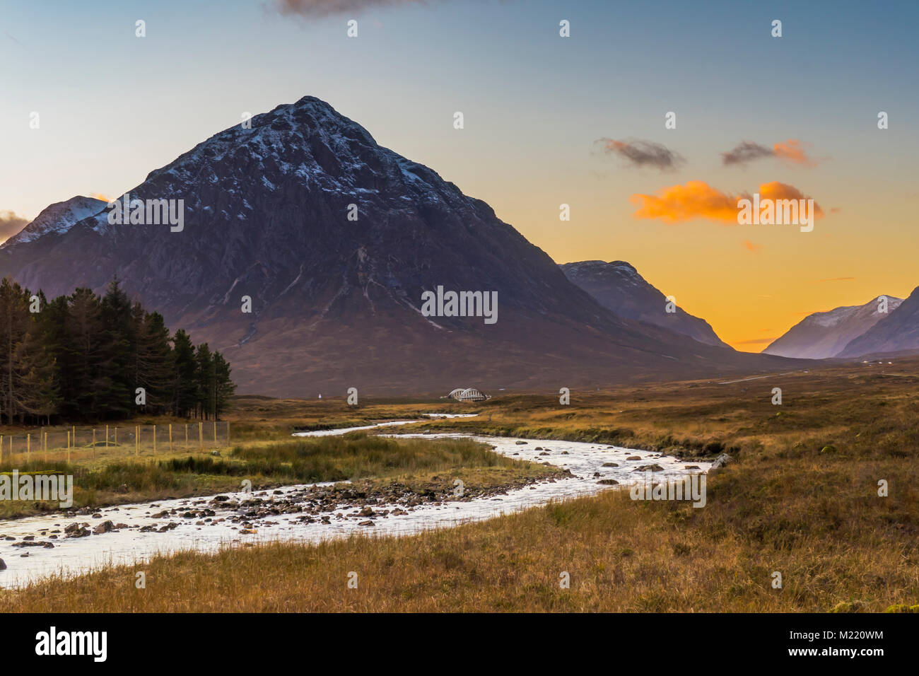 Sunset over Buachaille Etive Mòr from just beside the King's House, at the head of Glen Coe and Glen Etive in the Scottish Highlands. Stock Photo