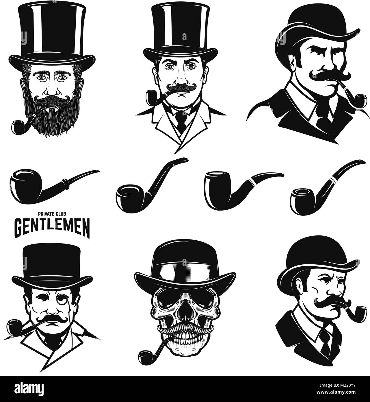 Set of gentleman's head with smoking pipes. Design elements for logo, label, emblem, sign. Vector illustration Stock Vector
